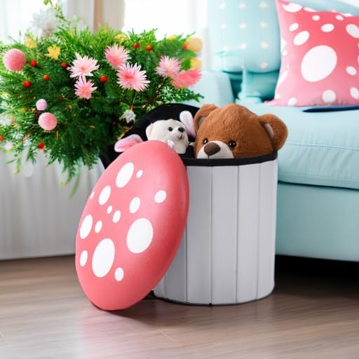 A colorful and cozy living room scene featuring a decorative plant, a plush bear, and a cute mouse peeking out from a whimsical mushroom-shaped storage bin.