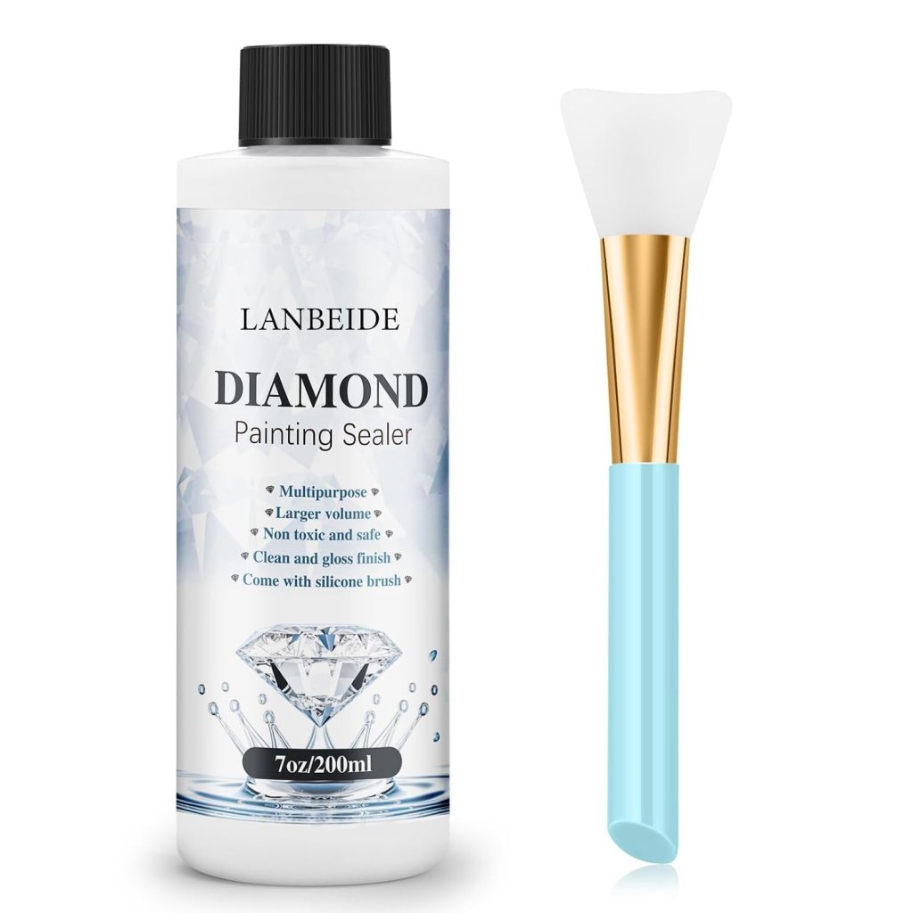 Bottle of LANBEIDE Diamond Painting Sealer, 7oz, with a silicone brush, showcasing features like multipurpose use, non-toxic and safe formula, and a clean gloss finish.