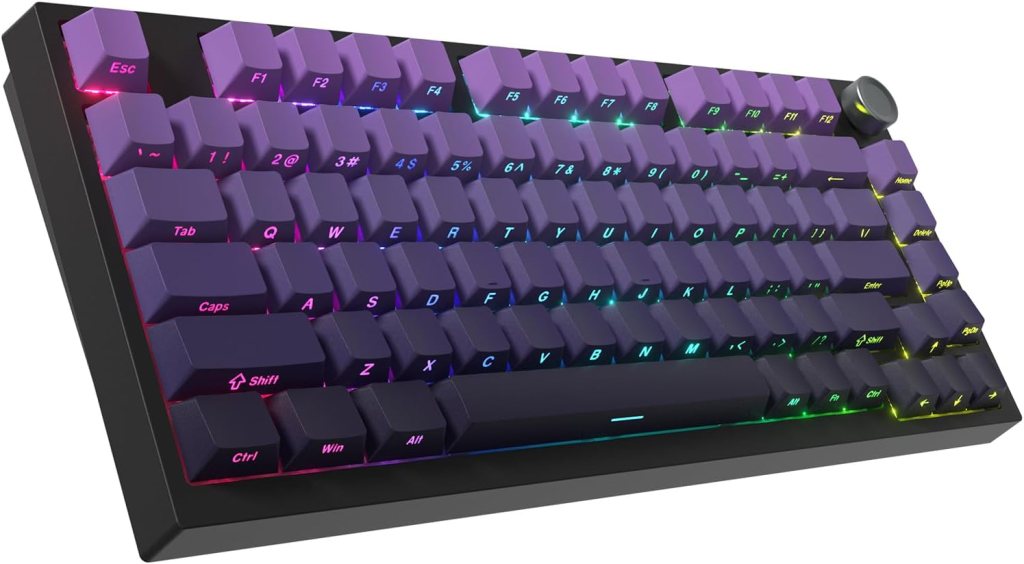 A modern mechanical keyboard with RGB backlighting, featuring a compact design and various lit keys.
