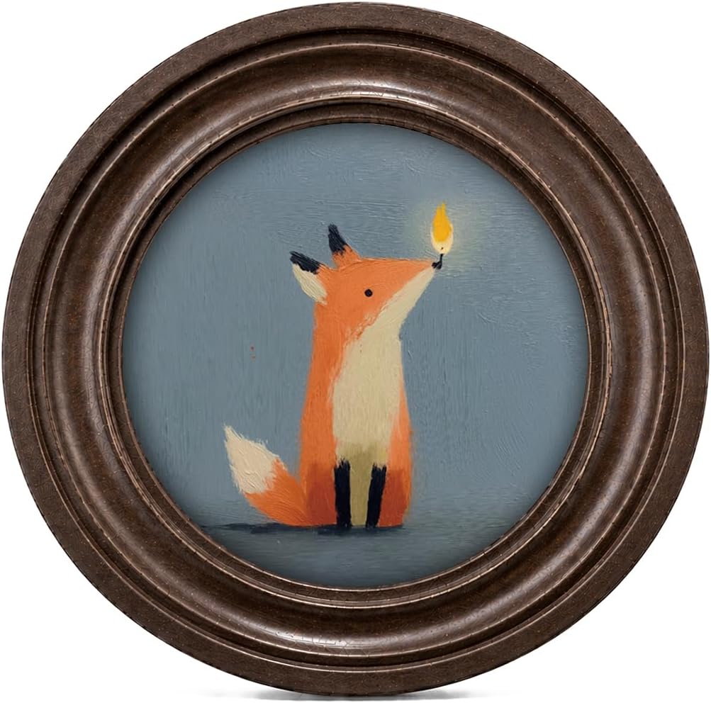 A stylized illustration of a sitting orange fox holding a glowing flame in its mouth, framed in a circular brown frame with a light blue background.
