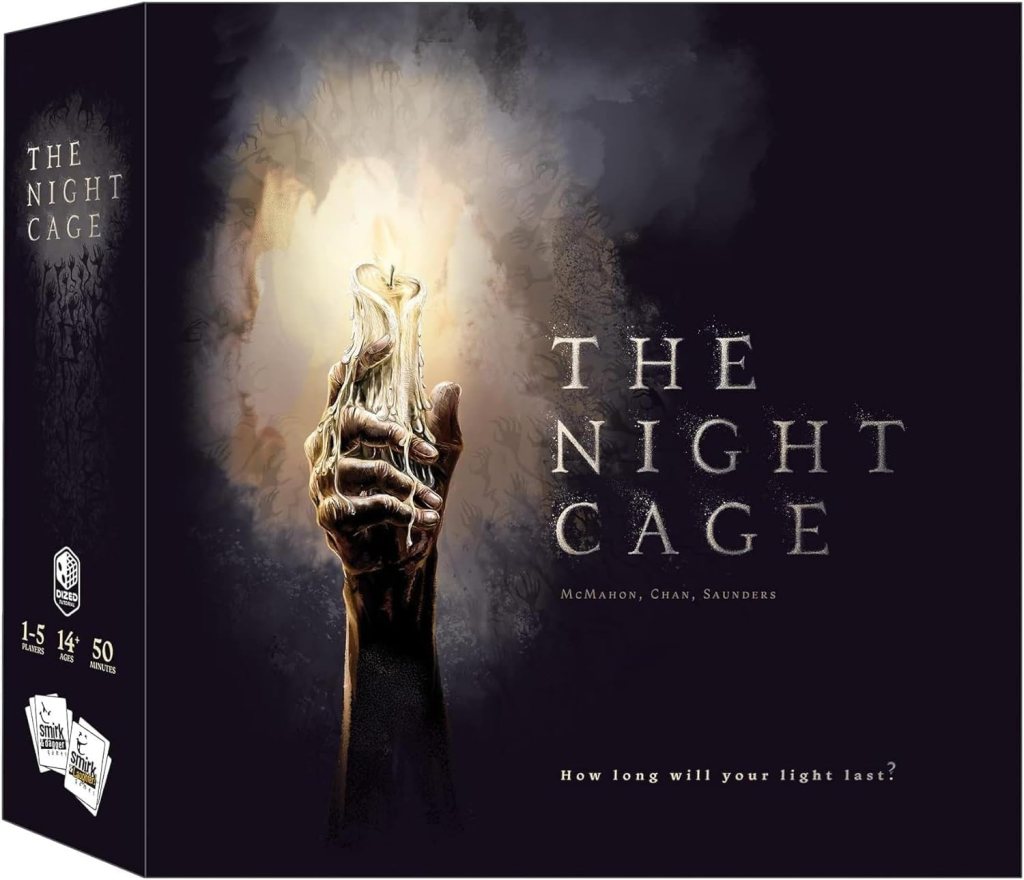 Box cover of the board game 'The Night Cage', featuring a hand holding a candle against a dark background with the game's title and tagline.