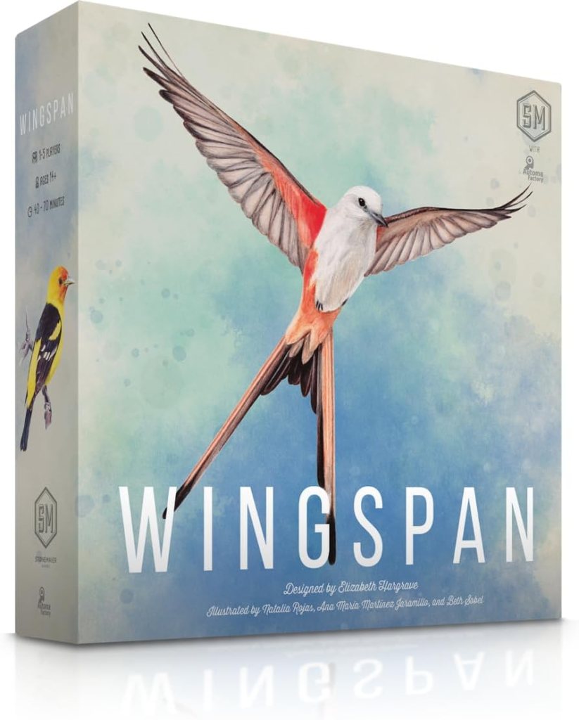 Cover of the board game 'Wingspan', featuring a colorful illustration of a bird in flight with text displaying the game's title and designer.
