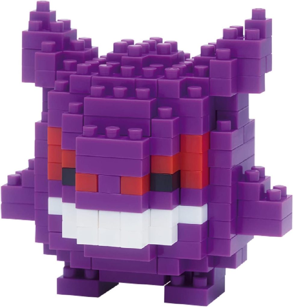 A colorful purple block figure resembling a cartoonish monster with red and black facial features.