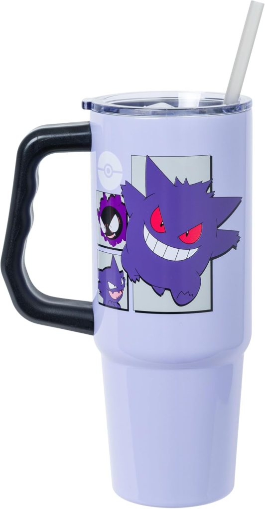 A purple mug with a black handle featuring various illustrations of a ghost-type Pokémon character, Gengar, alongside a clear straw.