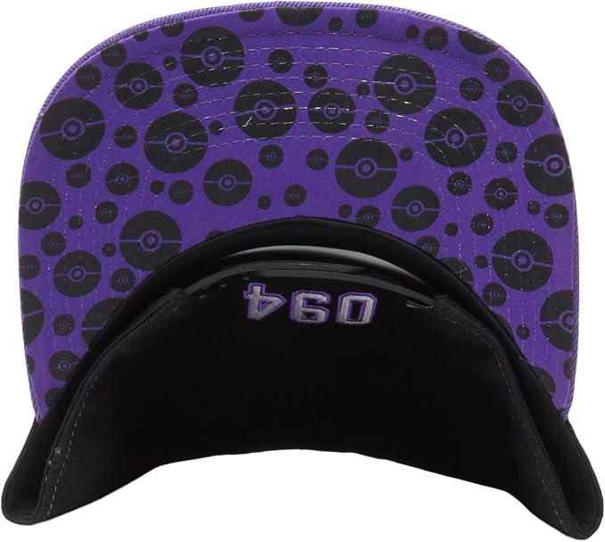 A purple cap with a pattern of black Pokeballs on the brim, featuring the number '094' inside.
