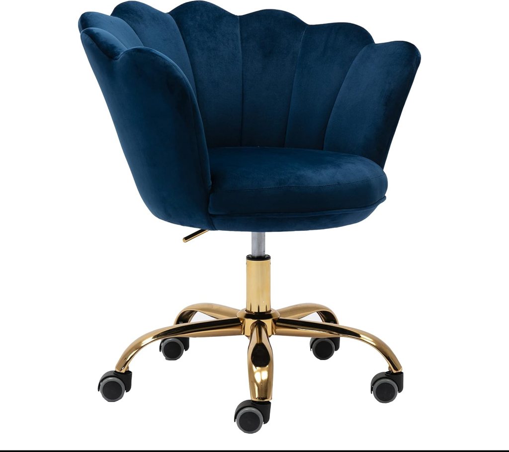 A stylish blue velvet office chair with a scalloped back design and a gold metal base, featuring wheels for mobility.
