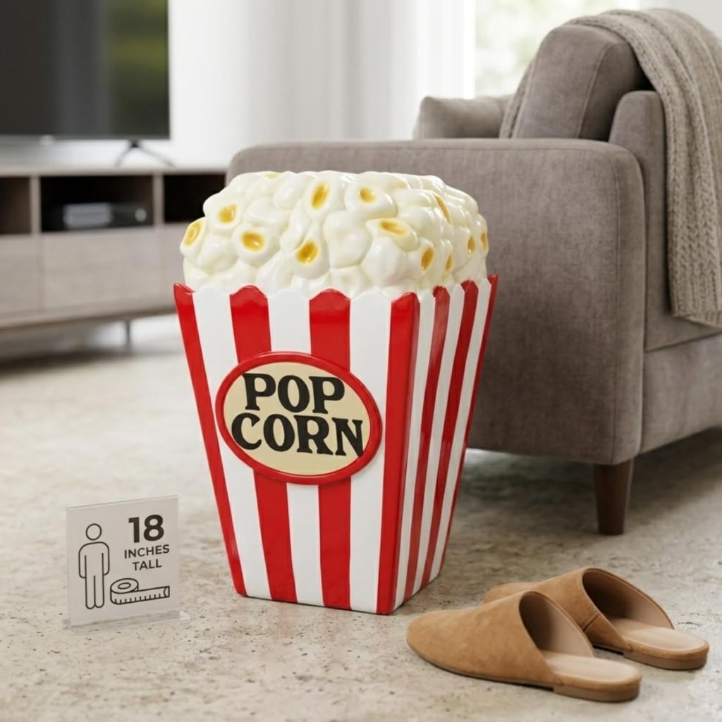 A decorative popcorn container with a red and white striped design and the word 'POP CORN' on it, placed next to a pair of brown slippers and a measurement sign indicating it is 18 inches tall.