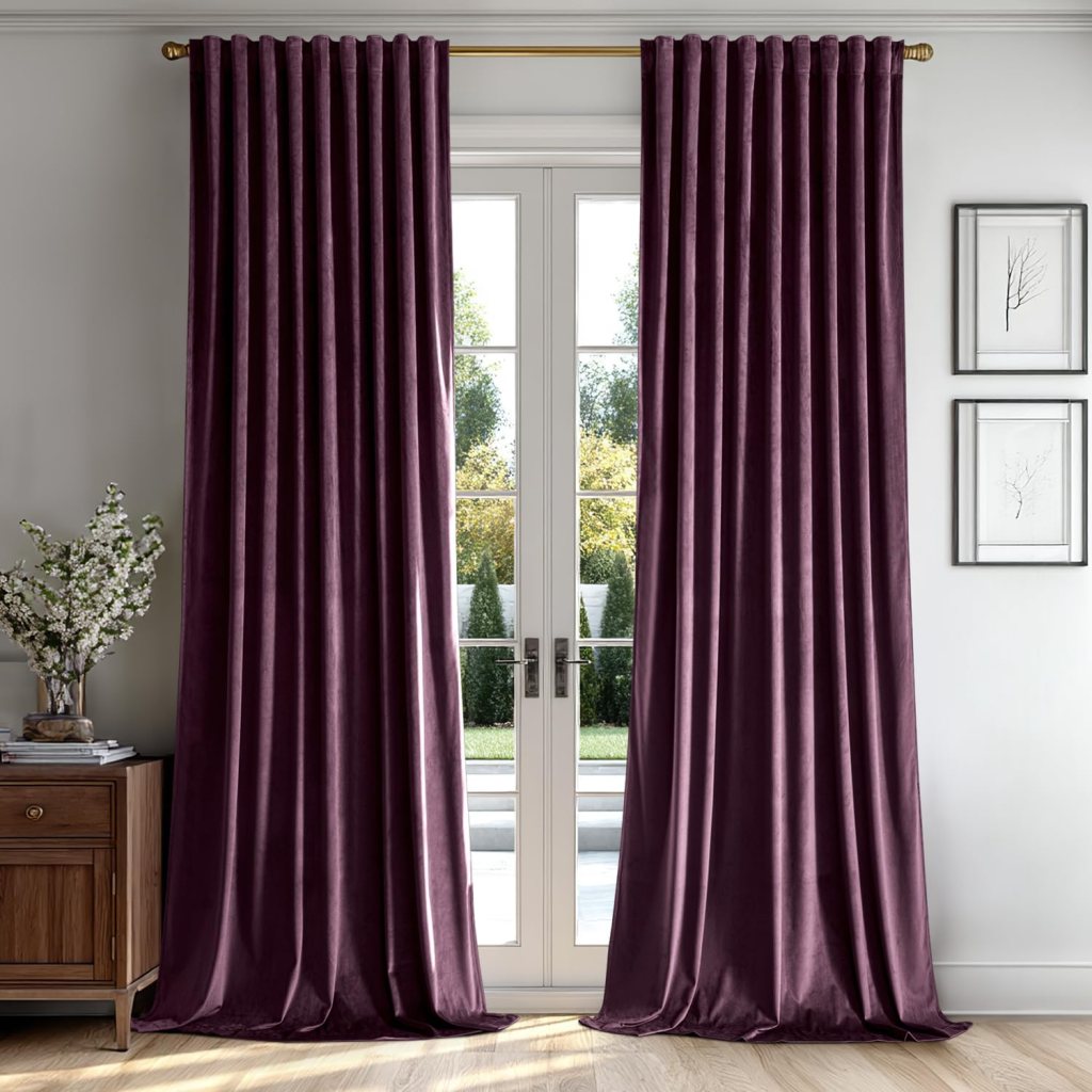A room featuring elegant purple curtains draped over double doors, with a view of a landscaped outdoor area. A wooden side table with a vase of flowers is positioned nearby.