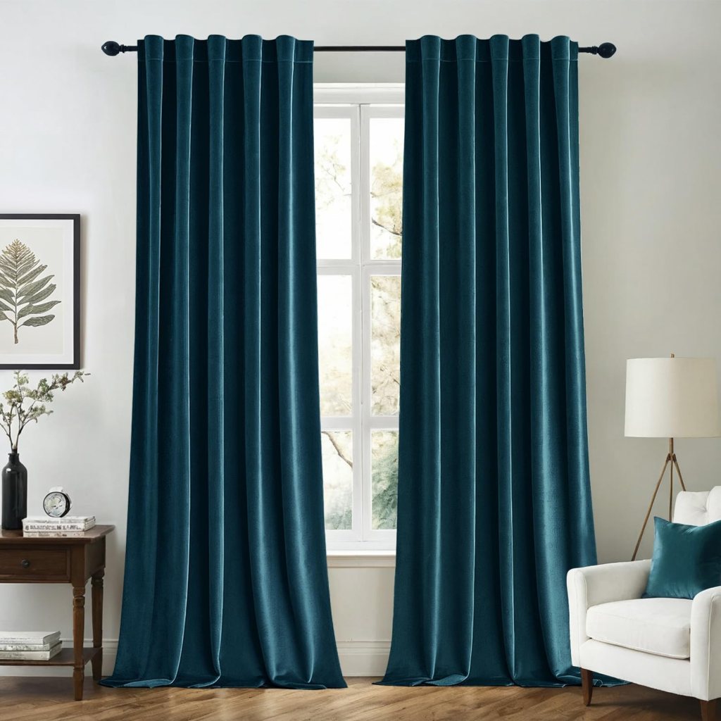 Luxurious teal curtains hanging on a window, with a soft fabric texture, showcasing natural light filtering through, complementing a modern room decor.