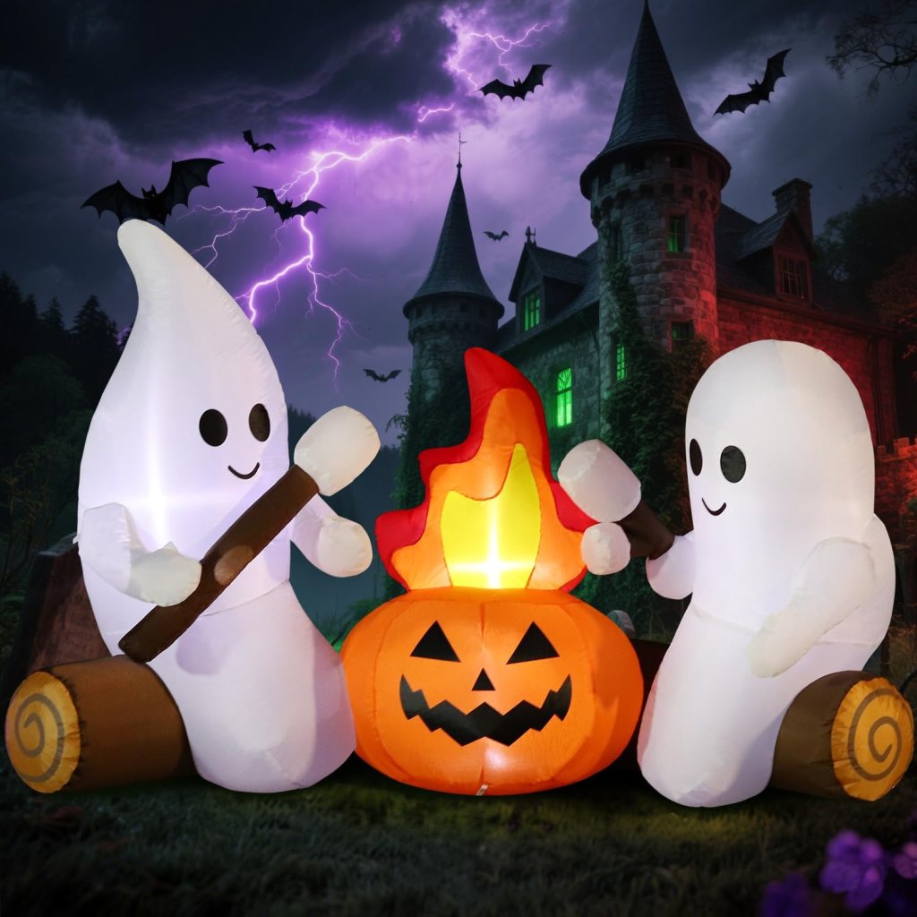 Two inflatable ghost decorations roasting marshmallows over a glowing jack-o'-lantern surrounded by a spooky castle and bats in a stormy sky.