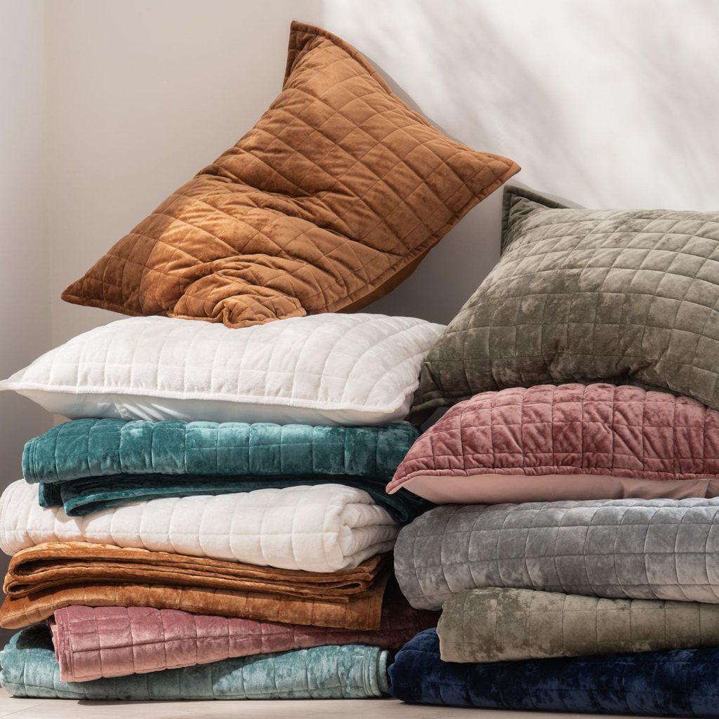 A stack of various textured pillows in earthy tones, featuring shades of brown, green, pink, and white, arranged neatly against a light wall.
