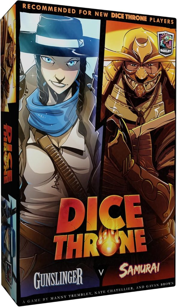 Dice Throne board game box featuring artwork of Gunslinger and Samurai characters, recommended for new players.