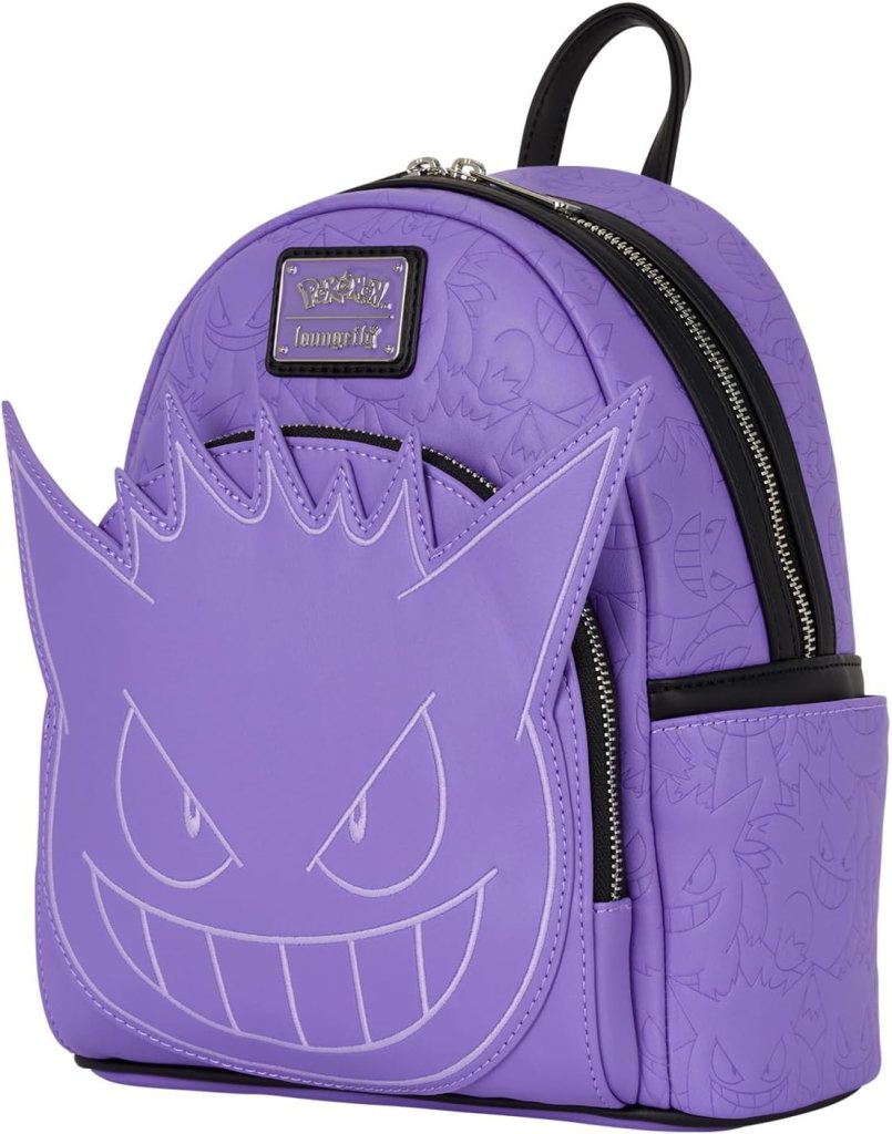 A purple backpack featuring a large ghost face design on the front, with a shiny black zipper and black accents.