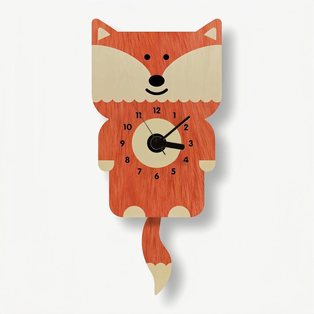 A whimsical wall clock shaped like a fox, featuring a bright orange fur texture, large eyes, and a smiling face. The clock has black hour and minute hands and numbers ranging from 1 to 12 displayed on its round belly.