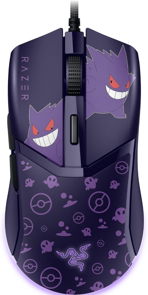 A gaming mouse designed by Razer, featuring a purple color scheme and illustrations of Gengar, a Pokémon character, alongside various gaming-themed graphics and patterns.