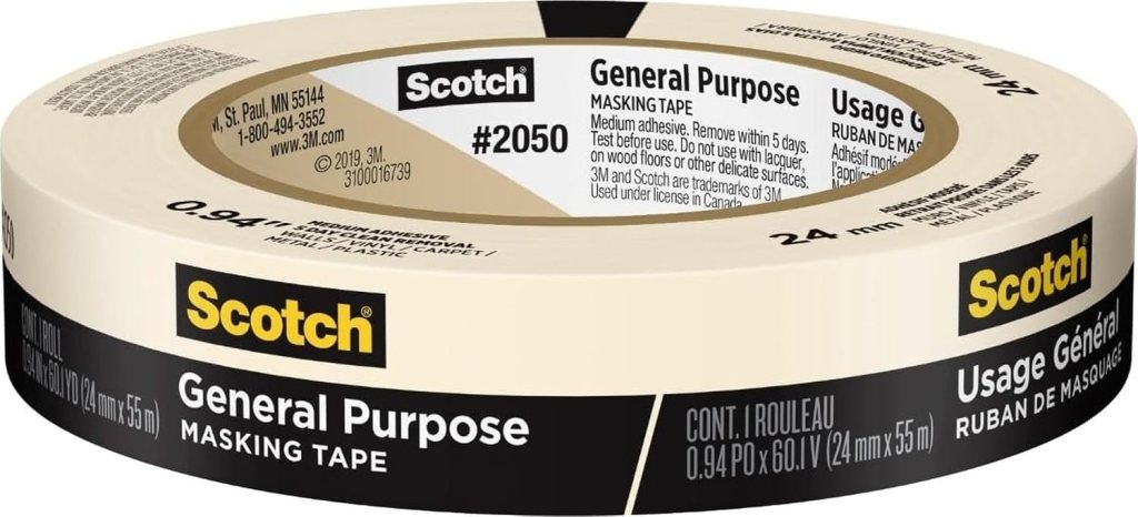 Roll of Scotch general purpose masking tape, measuring 0.94 inches wide and 60.1 yards long, displayed on a white background.