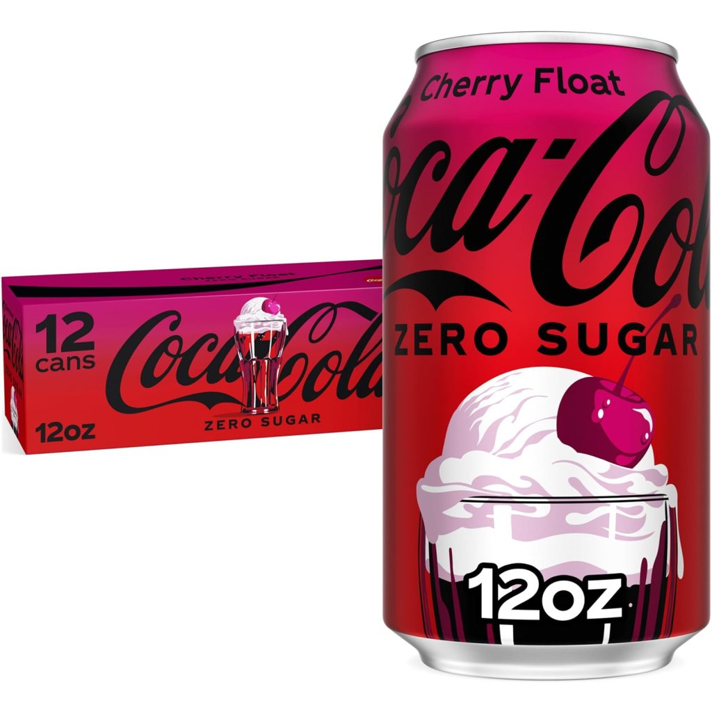 Coca-Cola Zero Sugar Cherry Float, 12 oz can, with a packaging box of 12 cans featuring an illustration of a cherry and ice cream float.