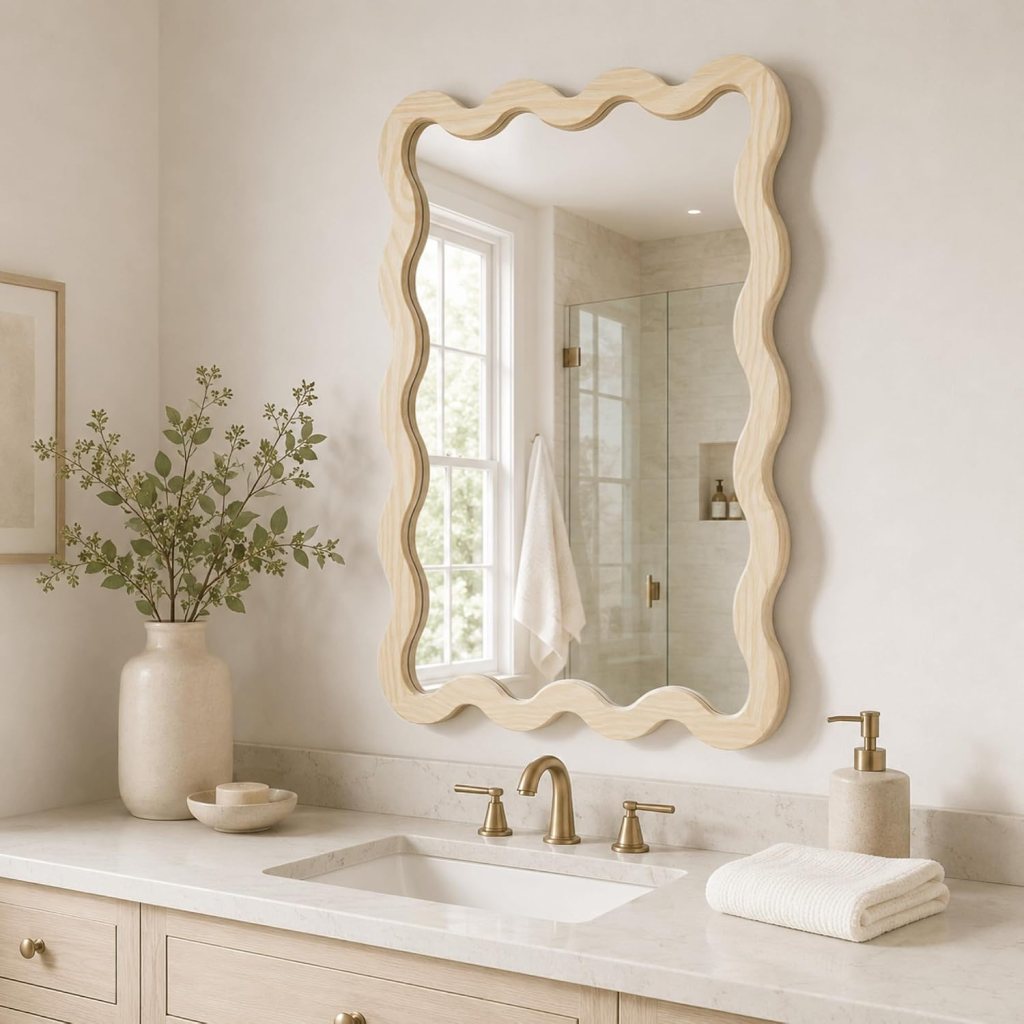 A stylish bathroom featuring a scalloped wooden mirror, a sleek countertop with a sink, a decorative vase with greenery, and elegant faucet fixtures.