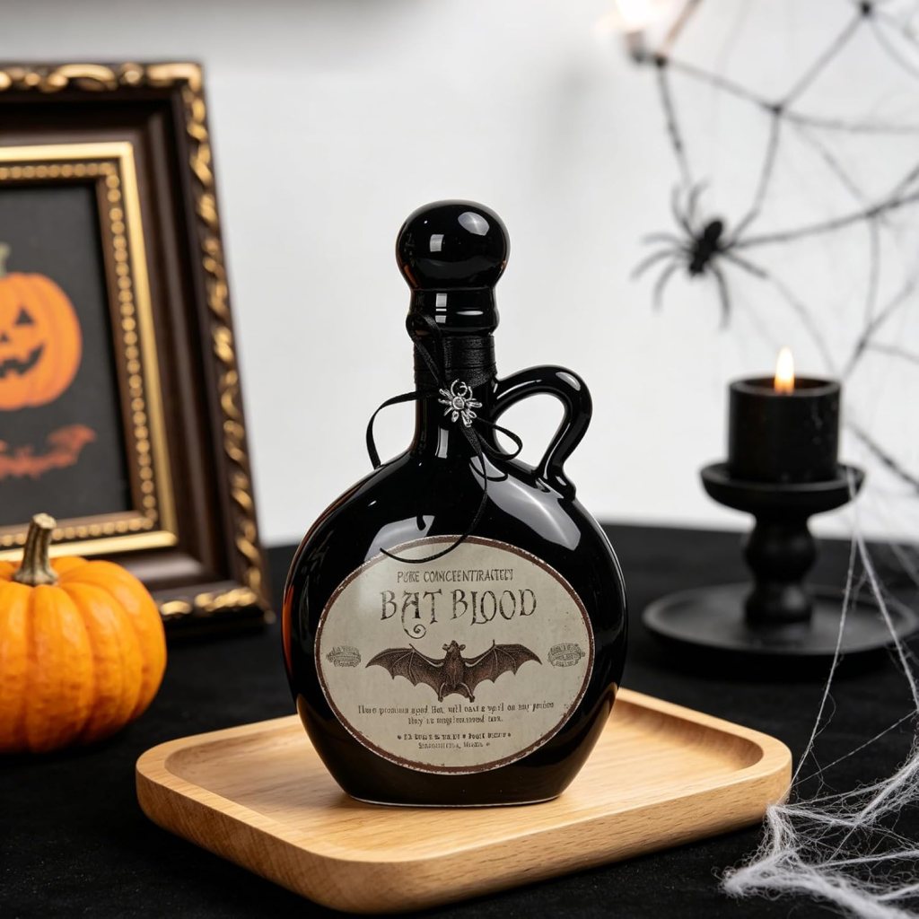 A black decorative bottle labeled 'Bat Blood,' featuring a bat illustration and an intricate design. It is placed on a wooden tray alongside a small orange pumpkin, a black candle holder with a candle, and a framed Halloween-themed picture in the background, all set against a dark cloth with spider web decorations.