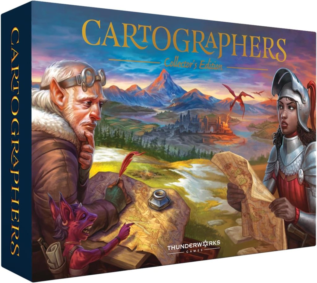 Box cover of the board game 'Cartographers: Collector's Edition' featuring a thoughtful old man with goggles, a small purple creature, and a female knight, all examining maps against a fantasy landscape backdrop with mountains and a city.