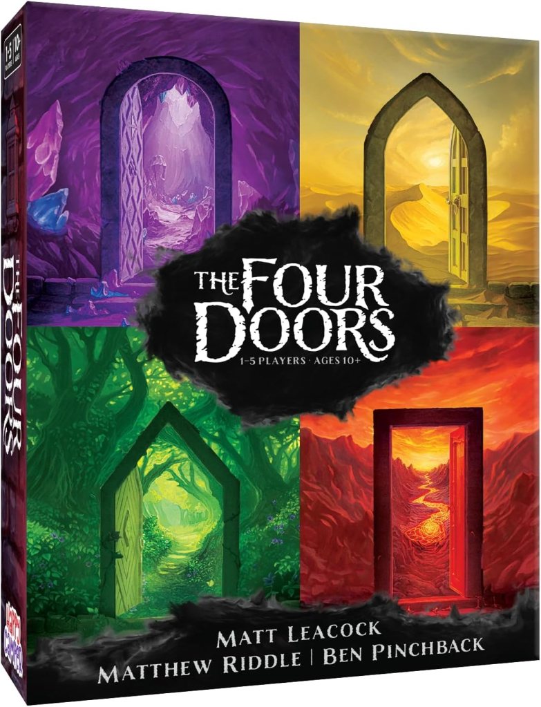Board game box for 'The Four Doors' featuring colorful illustrations of four distinct doors, each representing different environments: a cave, a forest, a desert, and a fiery landscape. The title is prominently displayed in a whimsical font.