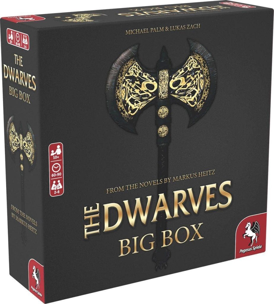 The Dwarves Big Box board game box featuring a decorative axe design, with the title prominently displayed on a black background.