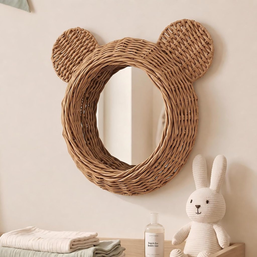 A decorative mirror with a woven wicker frame shaped like a bear's face, featuring round ears, mounted on a light-colored wall. There is a soft toy bunny and neatly folded towels on a wooden surface below.