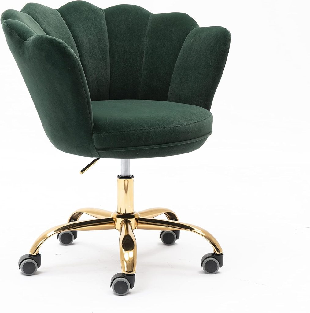 A stylish green velvet swivel chair with a scalloped back design and a gold metal base, featuring rolling wheels.