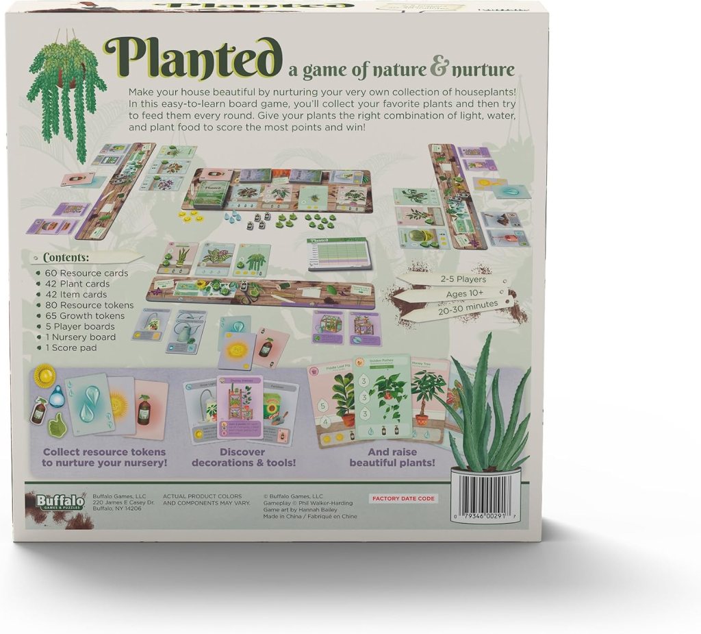 The back of the board game 'Planted', showcasing its components including resource cards, plant cards, item cards, and player boards, along with gameplay description and age recommendations.