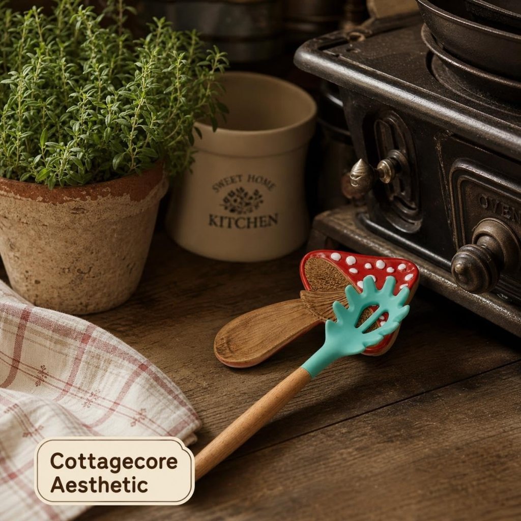 A cozy kitchen scene featuring a potted herb plant, a cream-colored kitchen container, a wooden spoon, and a whimsical silicone spatula, all placed on a rustic wooden countertop.