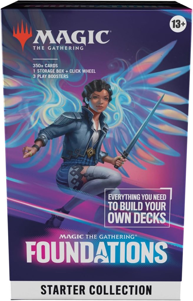 Magic: The Gathering Foundations Starter Collection packaging featuring a character with wings and a sword, including card details and description.
