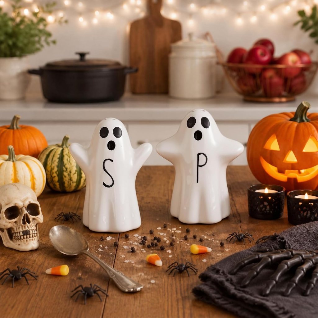 Two ghost-shaped salt and pepper shakers with letters 'S' and 'P' on them, surrounded by pumpkins, a carved jack-o'-lantern, a skull, candy corn, black spiders, and candles on a wooden table.