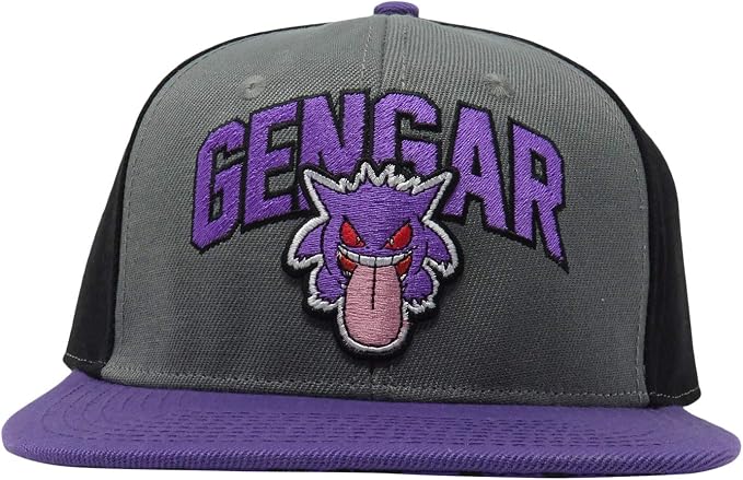 A gray and black snapback hat featuring an embroidered Gengar character and the word 'GENGAR' in purple lettering.