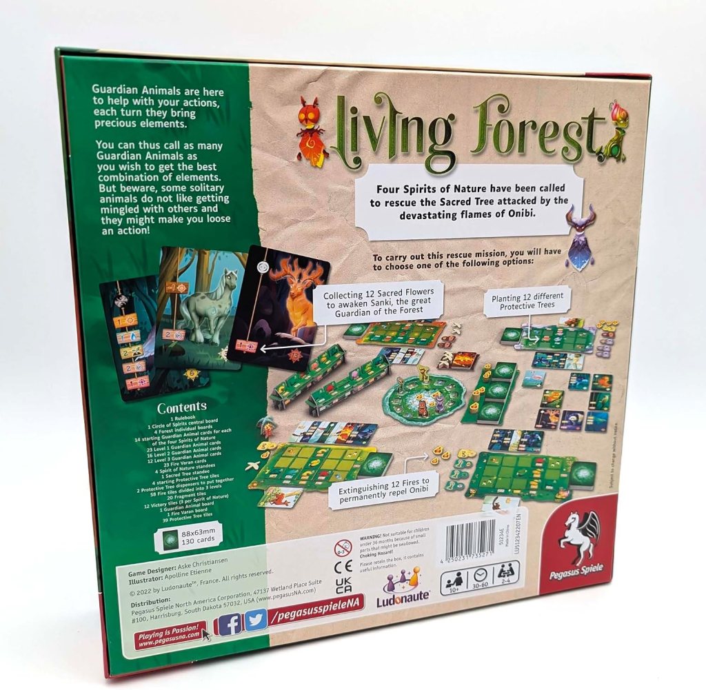 The back of the board game 'Living Forest', showcasing the game description, objectives, and contents, including illustrations of game components and action options.
