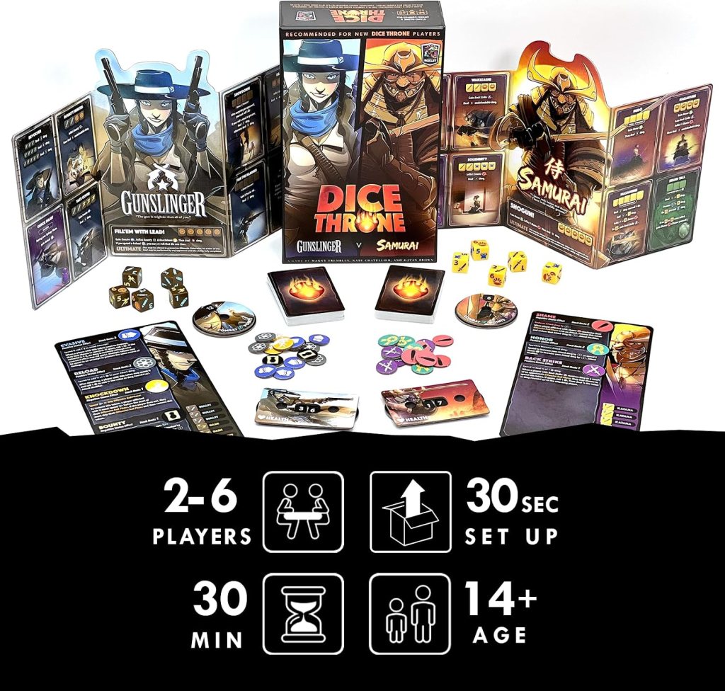 An image showcasing the board game 'Dice Throne: Gunslinger vs Samurai'. The contents include character boards, dice, tokens, and cards, along with packaging details indicating player count, setup time, and age recommendation.