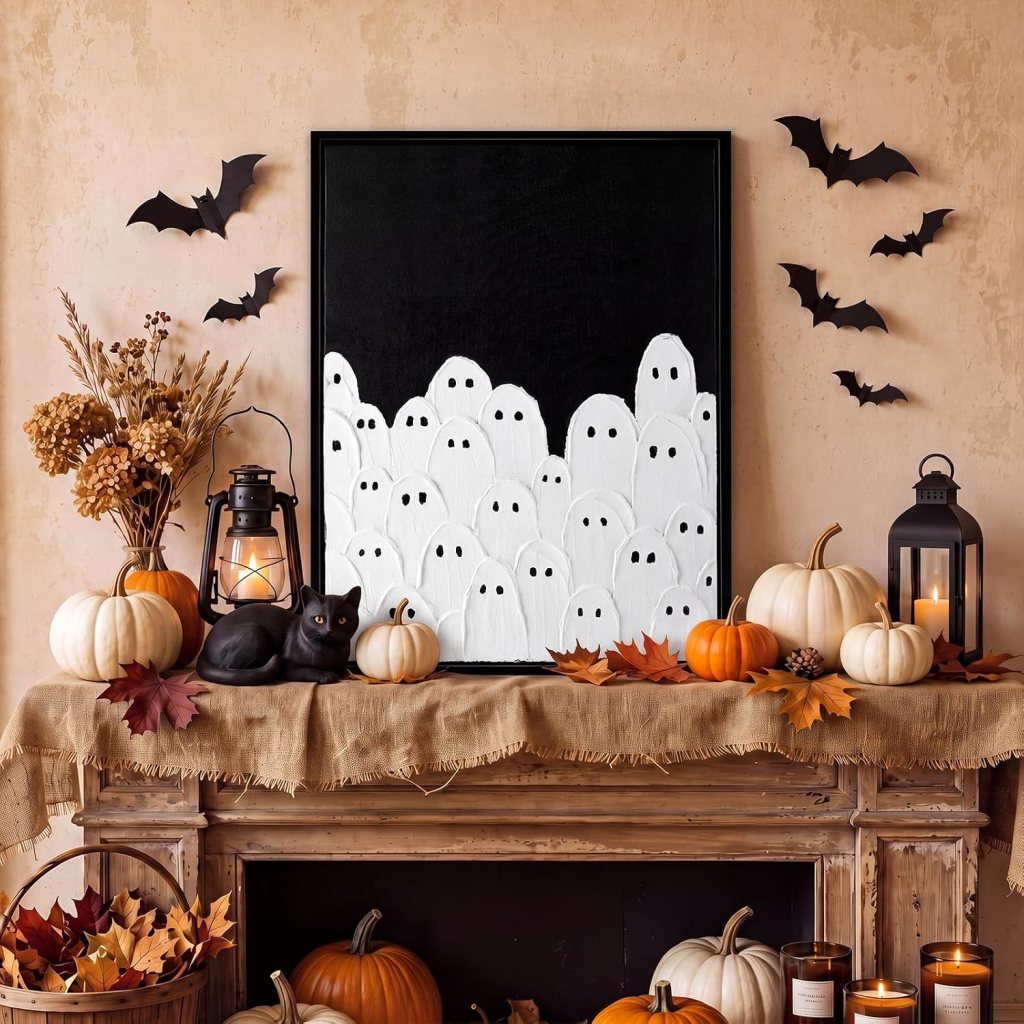 A cozy Halloween-themed mantel decorated with a painting of white ghosts on a black background, pumpkins, autumn leaves, a black cat figurine, and decorative lanterns.