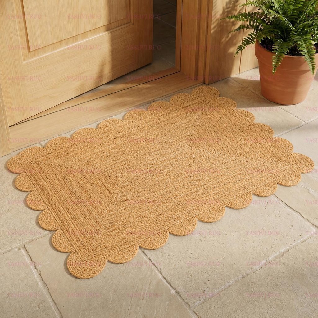 A natural fiber doormat with a scalloped edge placed in front of a wooden door, surrounded by stone flooring and a potted plant.