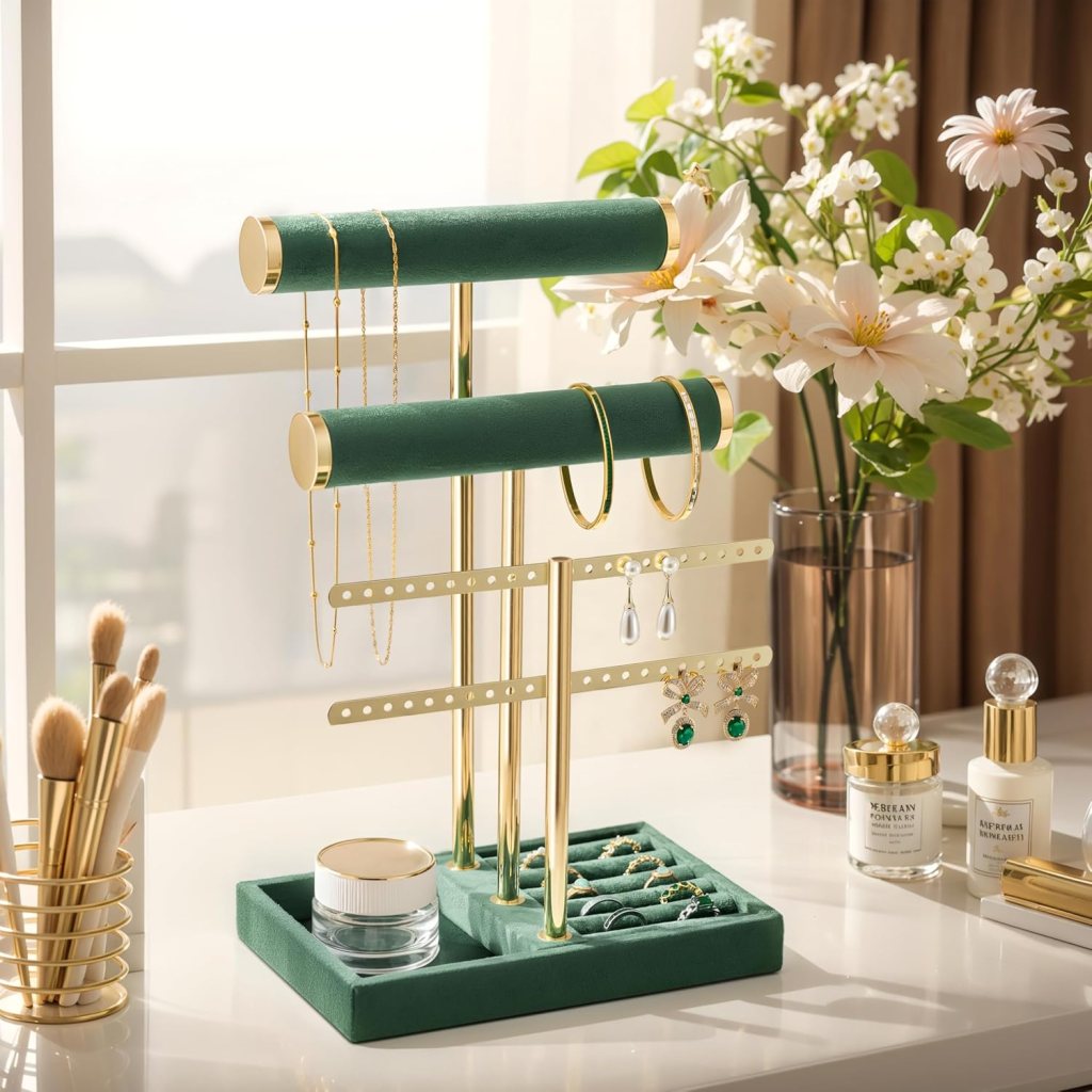 Jewelry organizer with green velvet accents displaying necklaces, earrings, and rings, set on a bright tabletop with skincare products and a vase of flowers.