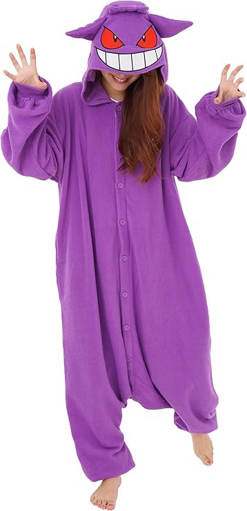 Person wearing a purple onesie costume with a hood featuring a large smiling character face.