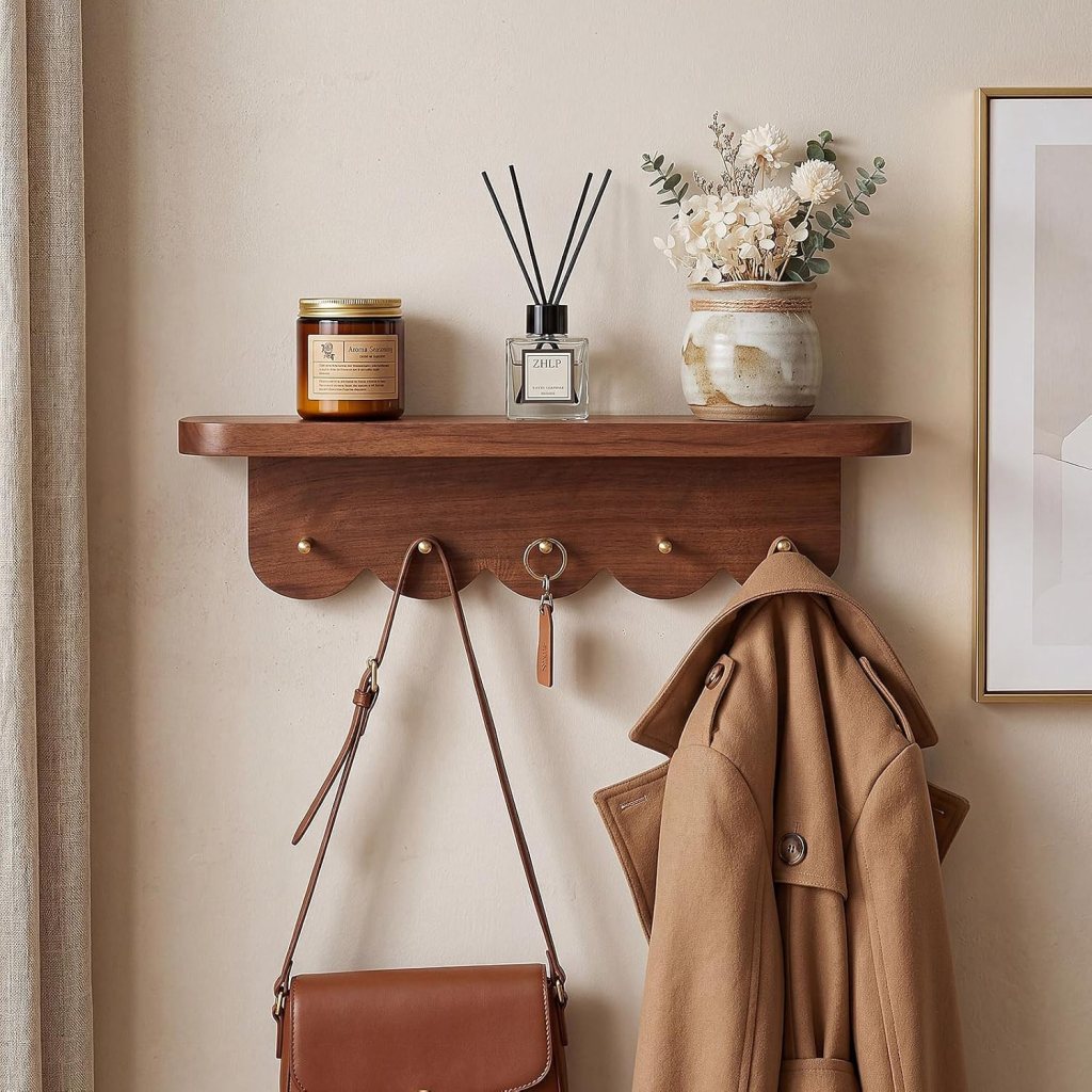 A wooden shelf with a scalloped edge, displaying a candle, a perfume diffuser, and a vase with dried flowers. Below, there are hooks holding a brown coat, a handbag, and a key attached to a key ring.