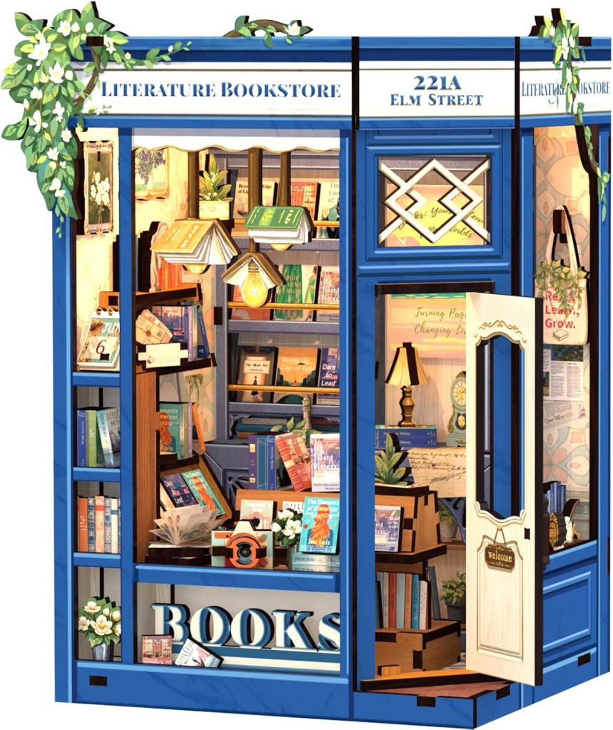 A vibrant illustration of a cozy bookstore storefront labeled 'Literature Bookstore', featuring stacks of colorful books, decorative plants, and a welcoming open door.