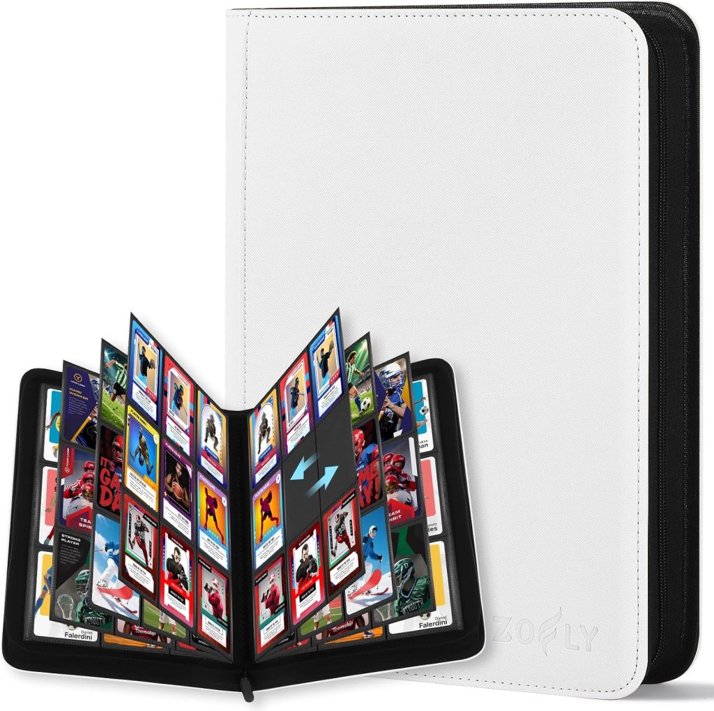 A white binder with a black zipper, opened to display colorful trading cards organized within it.