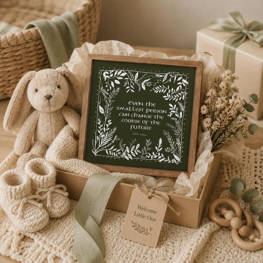 A cozy gift box featuring a framed quote, stuffed bunny, knitted baby booties, a welcome tag, and dried flowers, set against a soft, neutral backdrop.