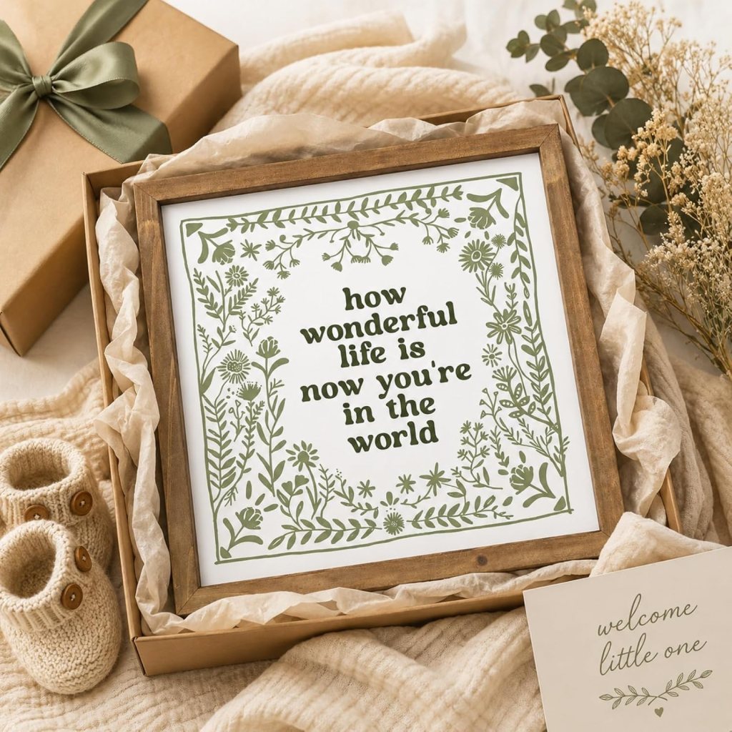 A framed quote surrounded by floral illustrations that reads 'how wonderful life is now you're in the world.' The frame is placed in a gift box with beige fabric and small knitted baby booties next to it. A card with the text 'welcome little one' is also visible.