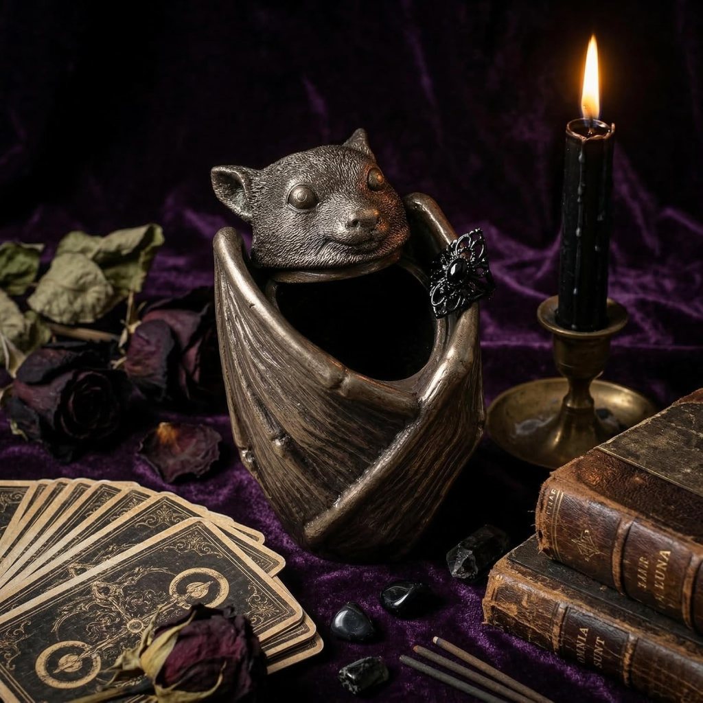 A decorative container with a sculpted animal head, surrounded by dried roses, tarot cards, gemstones, and a lit black candle against a purple backdrop.
