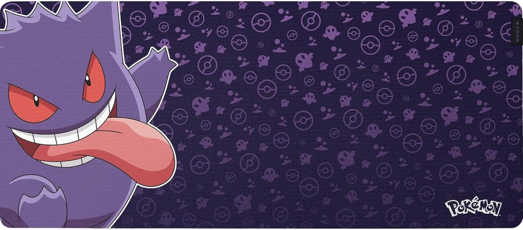 An illustration of Gengar, a ghost-type Pokémon, sticking out its tongue against a dark purple background featuring various ghost and Pokéball icons.