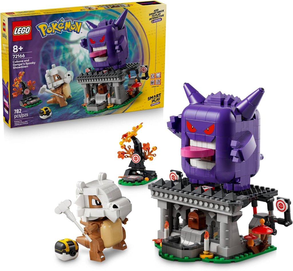 LEGO Pokémon set featuring Gengar and Cubone in a spooky showdown scene, with Gengar as a large figure on a platform, surrounded by miniature elements like targets, trees, and a haunted building.