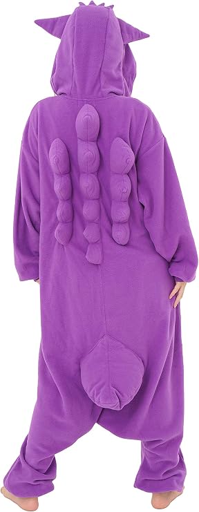 A person wearing a purple onesie with a hood and decorative features, viewed from the back.
