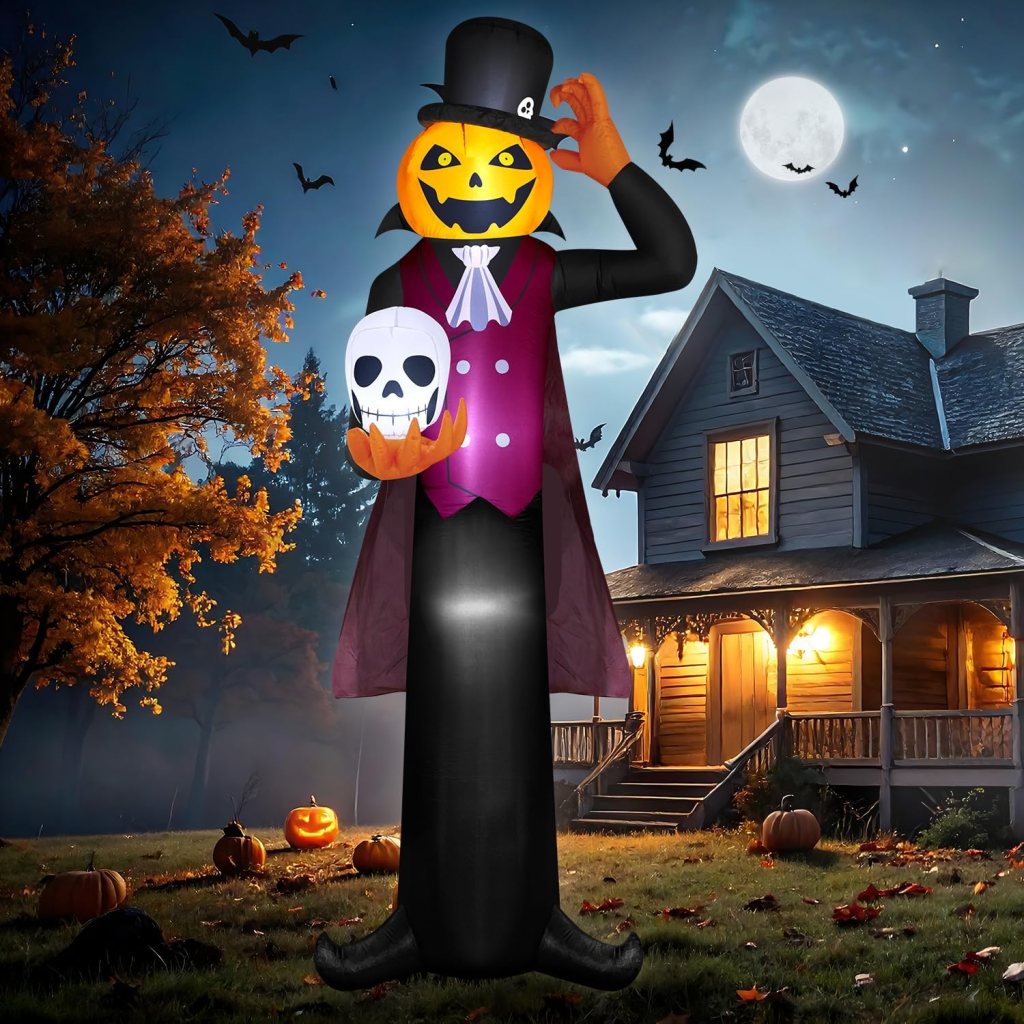 A large inflatable Halloween decoration featuring a pumpkin-headed figure in a top hat and a purple cape, holding a skull, set in front of a spooky house with glowing windows and pumpkins in the yard, under a night sky with bats and a full moon.