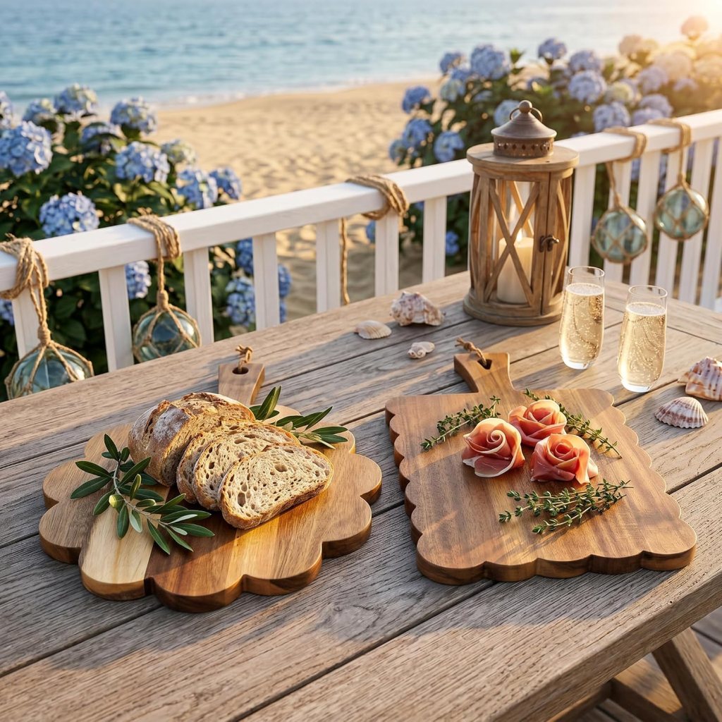 A beautiful outdoor dining scene featuring two wooden cutting boards on a table. One board has sliced bread with olive leaves, and the other displays rose-shaped ham garnished with herbs. In the background, a scenic beach view with blooming hydrangeas and decorative lanterns is visible, alongside two glasses of sparkling beverage.